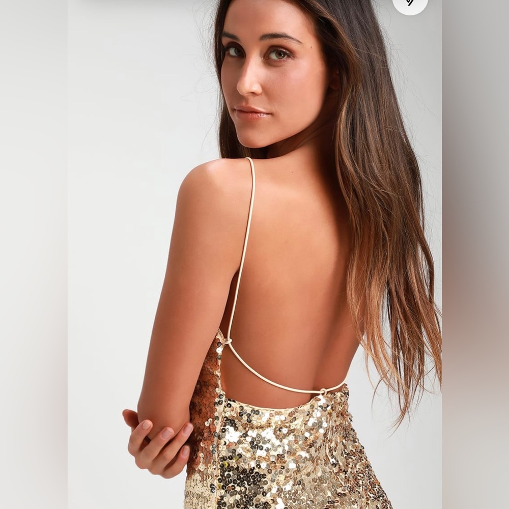 NWT Lulus gold sequined mini dress with open back, Sz. Large. - Picture 5 of 6